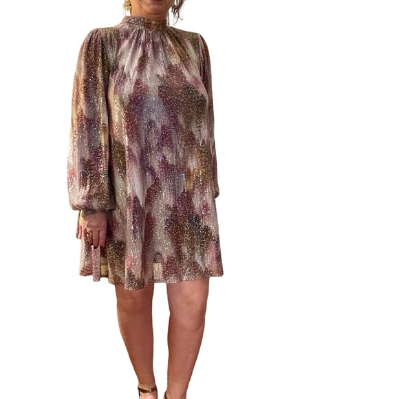 Belle Badgley Mischka Sequin Purple Print Trapeze Dress Long Sleeve Mod S M - Picture 2 of 11